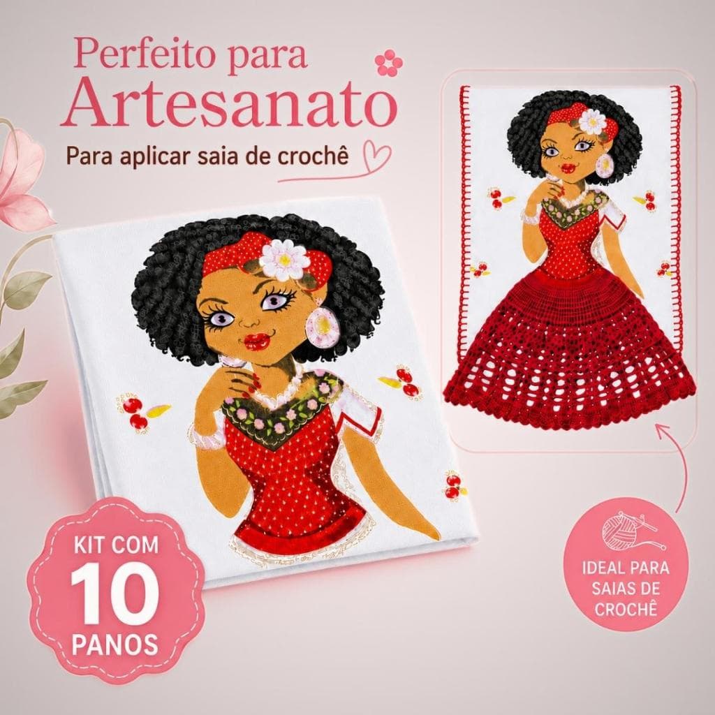 Kit 10 Pano de Prato Boneca Artesã Mulata 100% Algodão Premium Estampa Linda 70X45 Cozinha