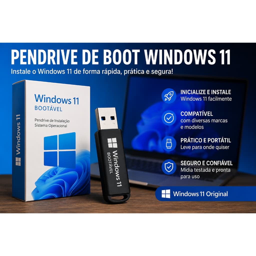 Pendrive Boot Windows 11 USB Instalação Completa para PC e Notebook