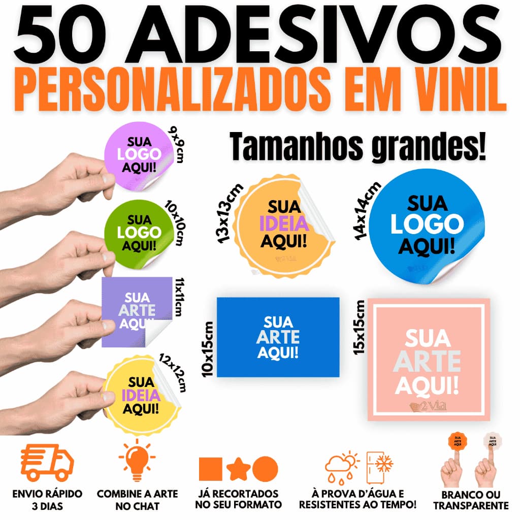 50 Etiquetas Adesivas Personalizadas em Adesivo Vinil 9x9 10x10 11x11 12x12 13x13 14x14 15x15 10x15
