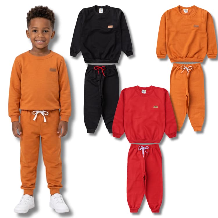 Kit 3 Conjuntos Moletom Liso Monocromático Menino/Masculino Infantil - Inverno Escolar