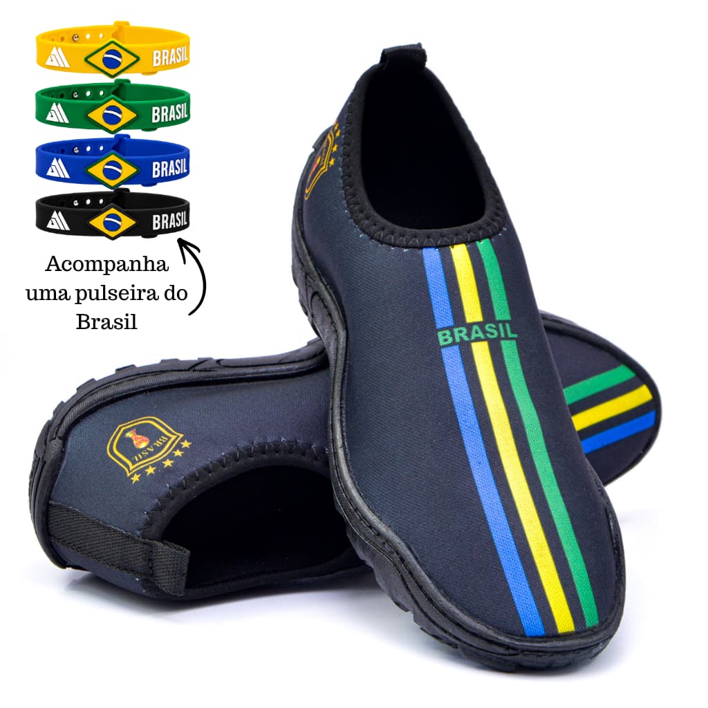Kit Sapatilha Aquática + Pulseira Brasil Copa 2026 tenis Aquatico Antiderrapante Pesca Praia Cachoeira Mergulho Bike