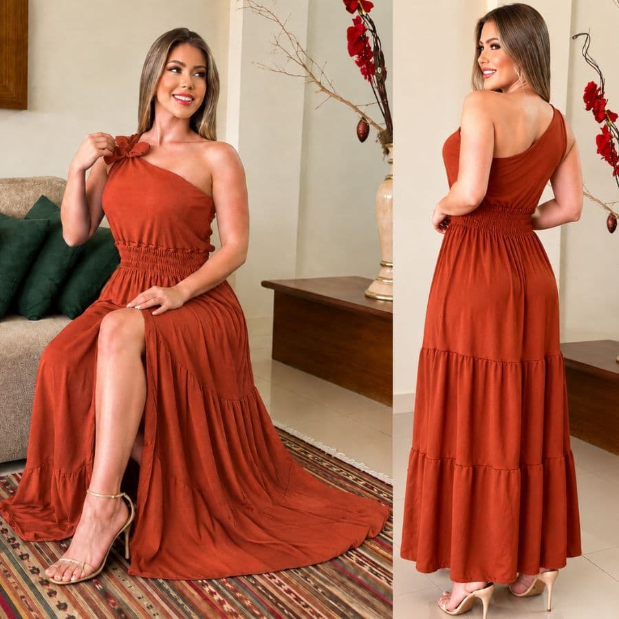 Vestido Adulto Ombro Só  Detalhe Latex Babado  Longo
