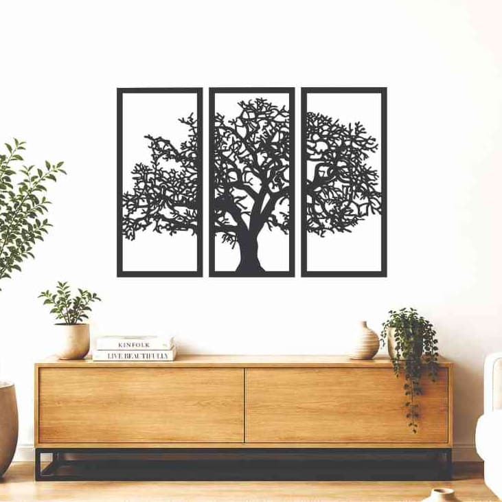 Kit 3 Quadros Arvore Da Vida Em Mdf Preto Decorativo Quarto e Sala