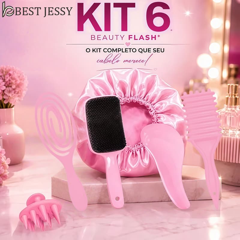 Kit 06 Escova Raquete Flex Escova Mágica e ONDA Massageador de Silicone Touca de Cetim Beauty Flash