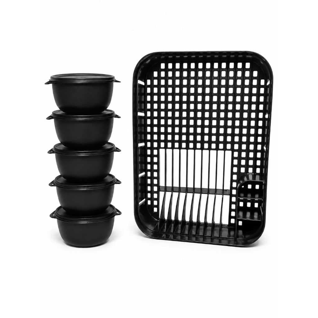 Escorredor de Louça Grande Resistente Preto + 5 Potes Bowl 500ML Preto