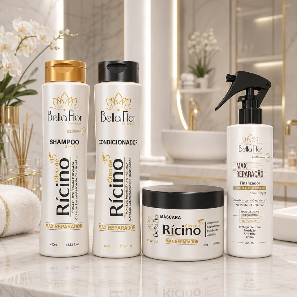 Kit Capilar Óleo de Rícino + Max Reparação 4 Produtos Bella Flor Hidratação Reparação Profissional
