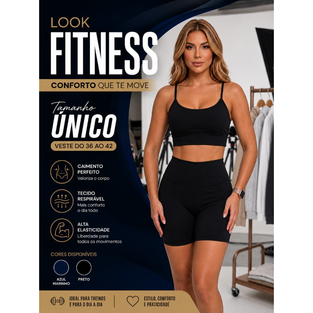 Conjunto Fitness Cropped e Short Desporto Legging Malha Academia