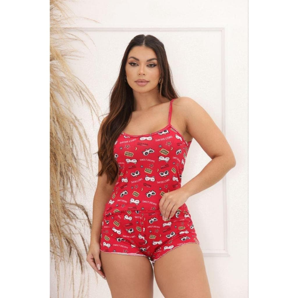 Pijama Feminino de Suede  Conjuntos Baby Doll Pijama Short Doll Estampado Sem Bojo