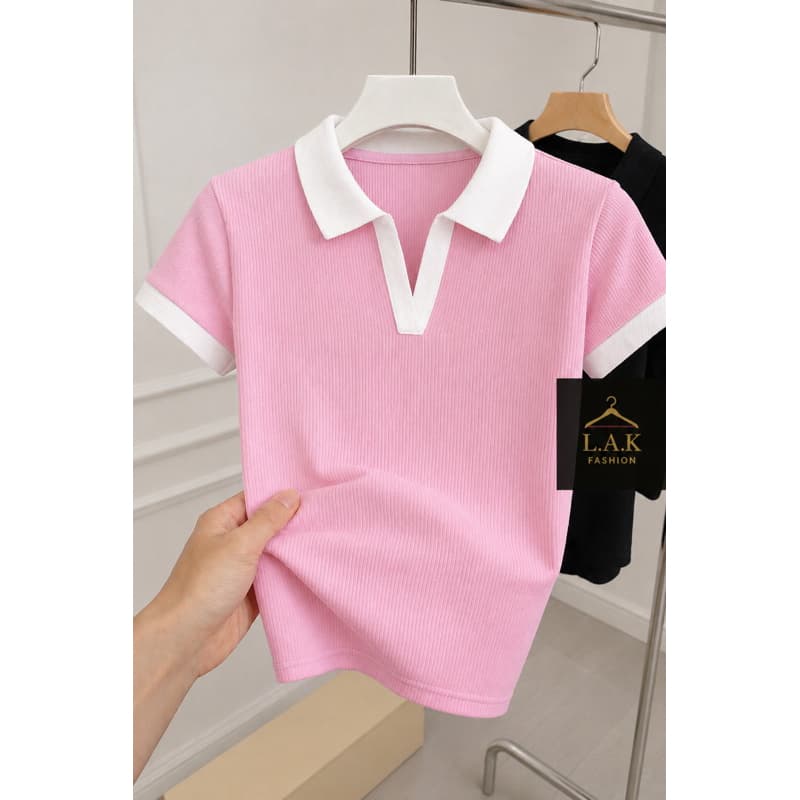 Blusa Polo Feminina Bicolor Canelada Casual Versátil Algodão Premium Malhado