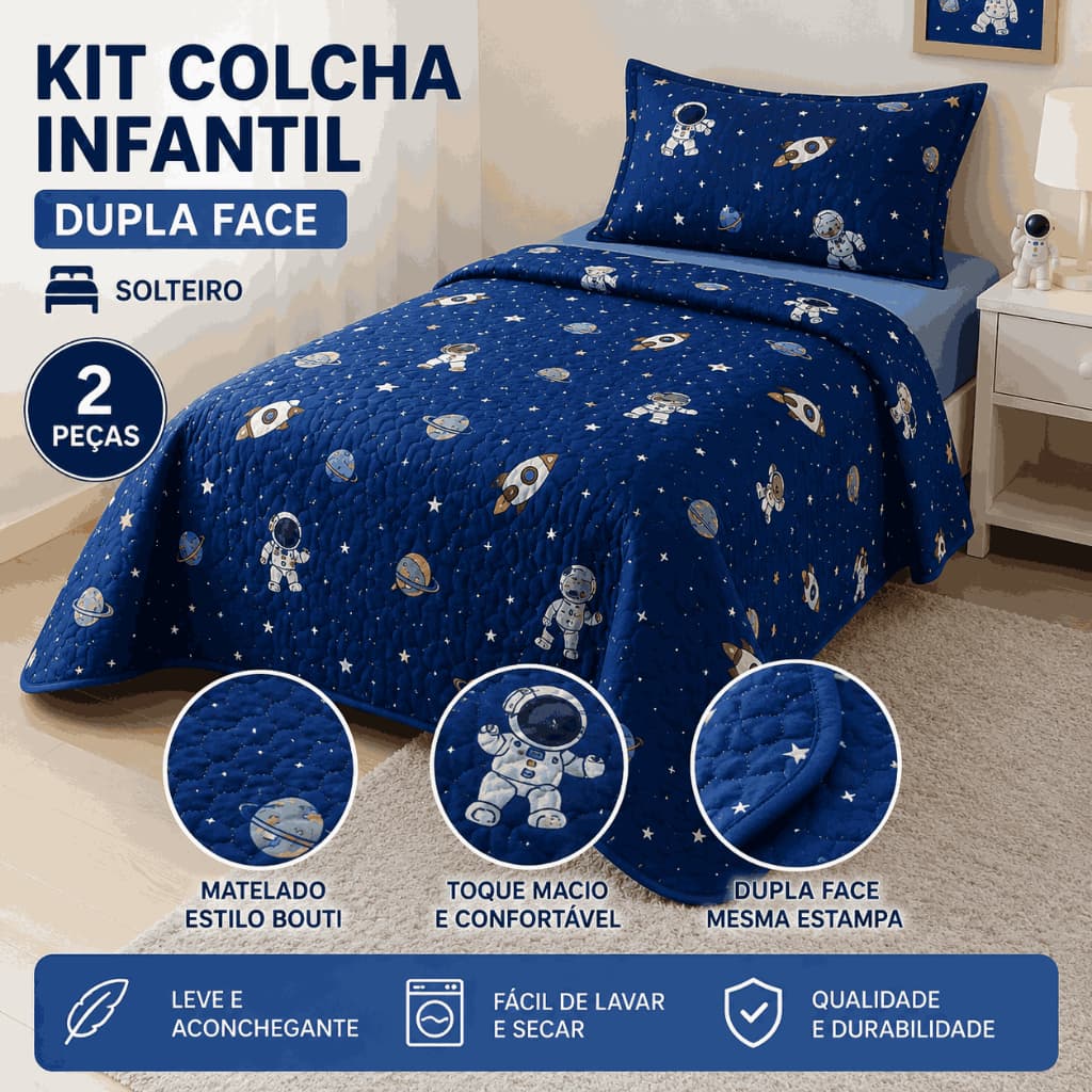 Kit Colcha Infantil Solteiro Matelada Bouti Dupla Face 2 Peças Menino Menina Cobre Leito Infantil 1,60x2,40