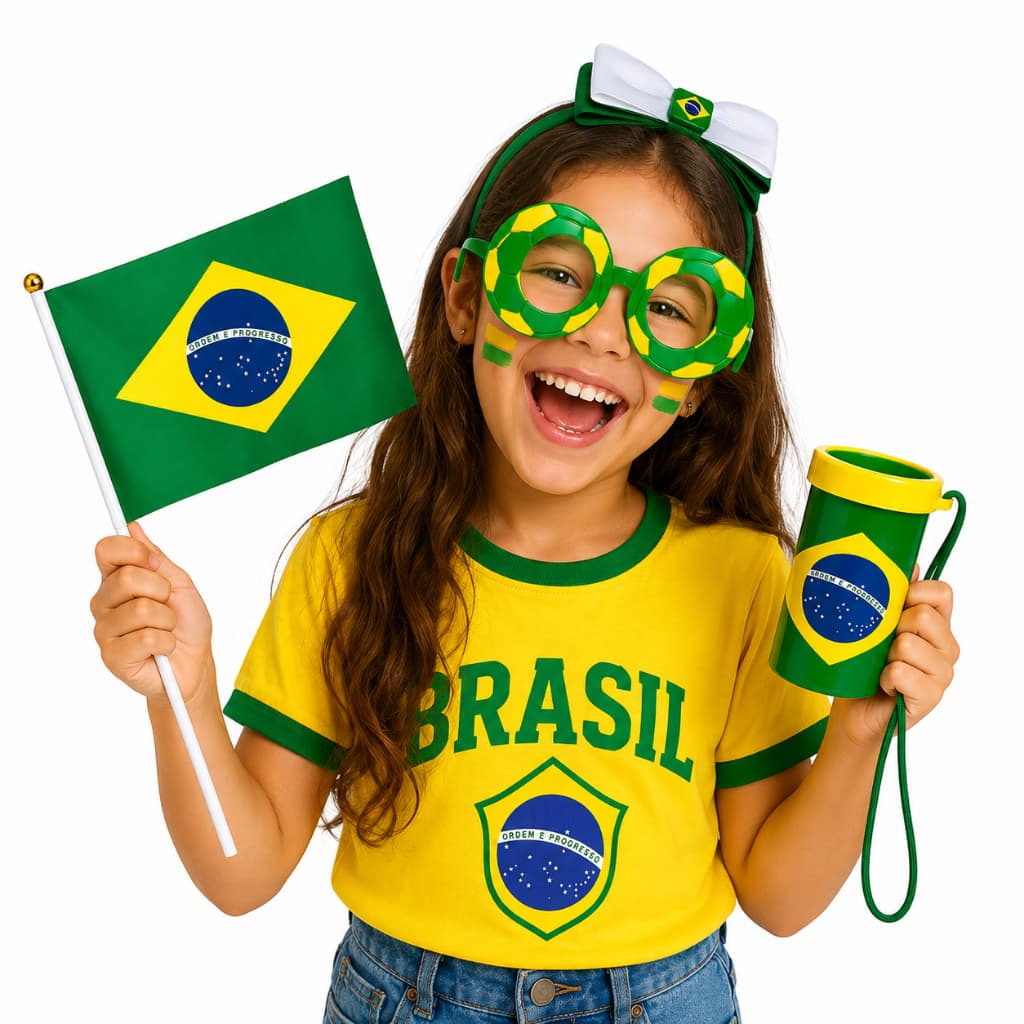 Kit Infantil Copa Do Mundo Brasil 4 Itens Acessórios Verde E Amarelo Corneta, Tiara, Óculos, Mini Bandeira