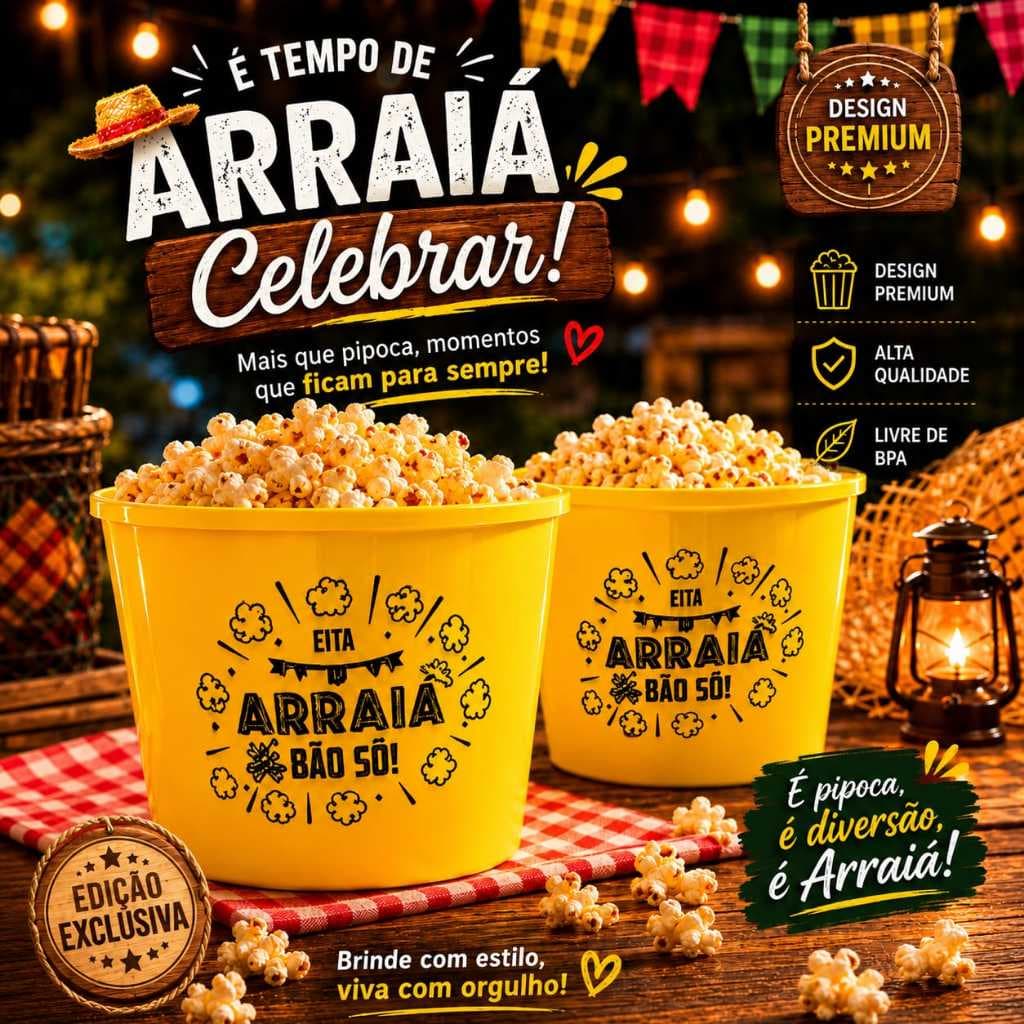 KIT 2 A 12 unidades de BALDES DE PIPOCA *EITA ARRAIA BÃO SÔ* 700ml AMARELO FESTA JUNINA, COMEMORAÇÃO