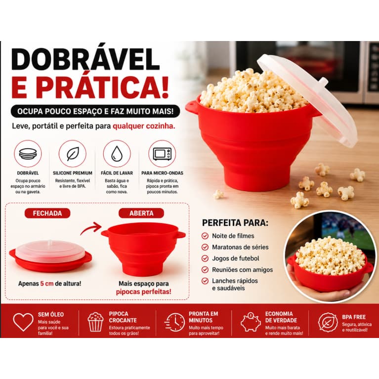 Pipoqueira Silicone Microondas Sem Óleo Dobrável BPA