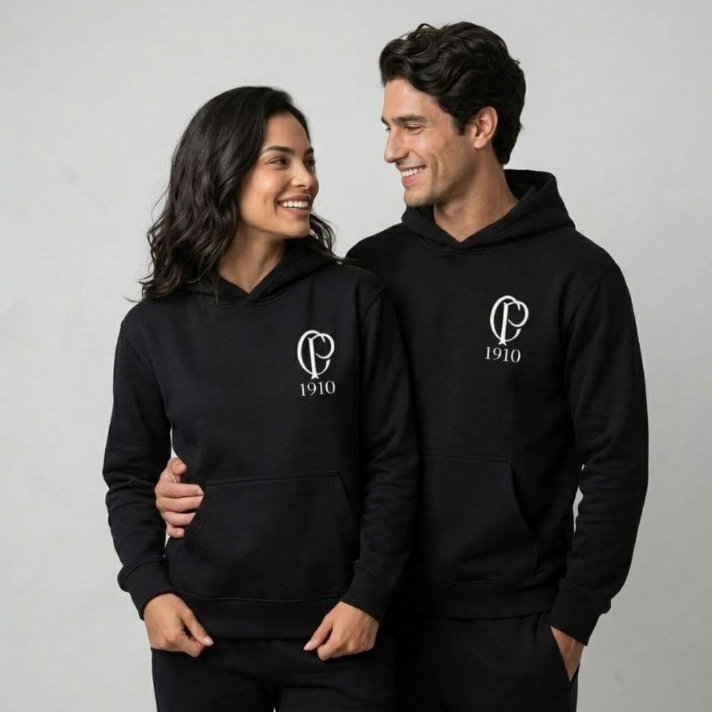 Kit Casal Blusa De Frio Casaco Moletom Canguru Com Capuz Timão Unissex Flanelado Presente Corinthians Dia Dos Namorados