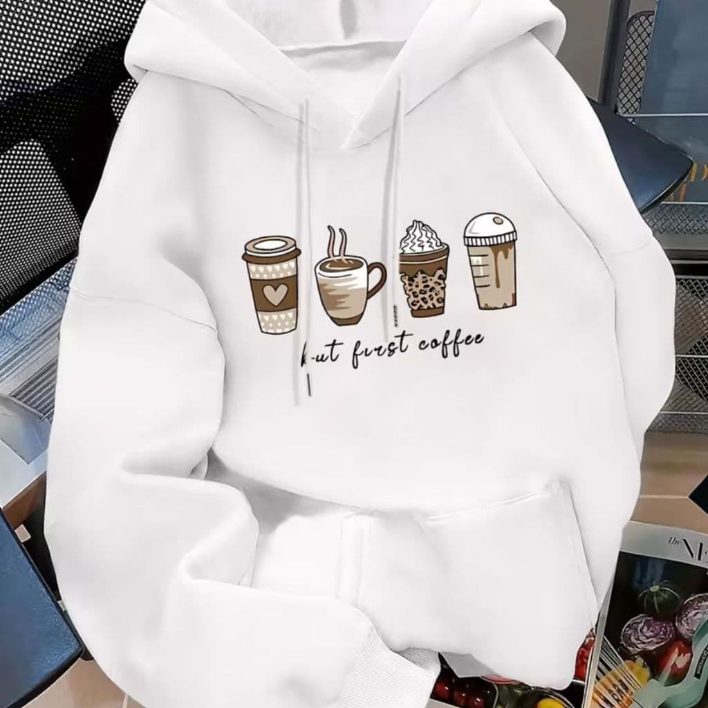 Moletom Feminina Estampa Moletom Feminino Branco café Inverno frio, inverno, meia-estação e looks casuais.
