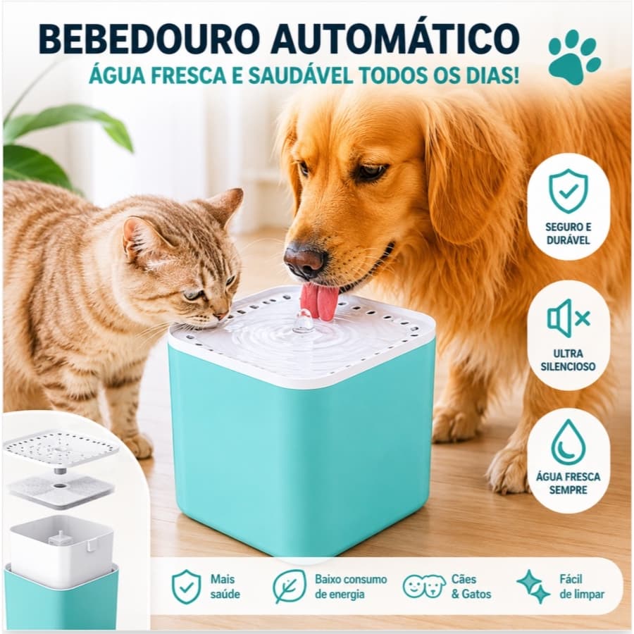 Bebedouro Automático para Gatos e Cães 3L USB Fonte de Água Silenciosa com Filtro