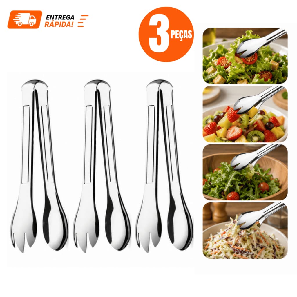 Kit 3 Pegador de Salada Pegador Multiuso Pães Massas Pegador Aço Inox