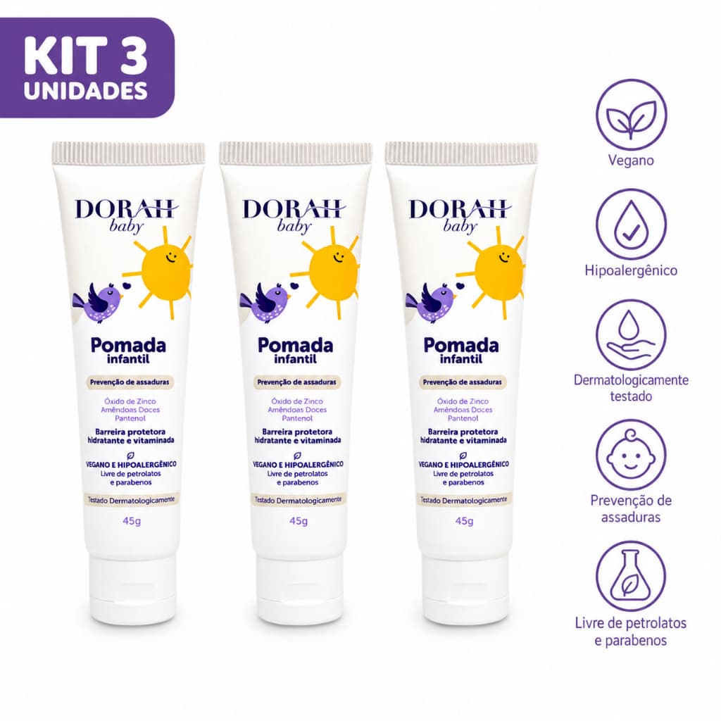 3x Pomada Infantil Dorah Baby 45g Assaduras Óxido de Zinco Pantenol
