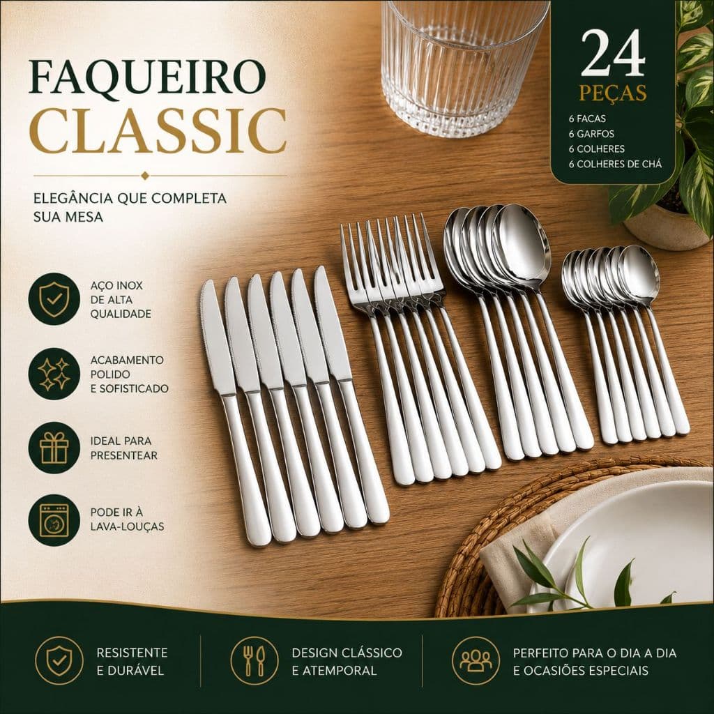 Conjunto de Talher Inox 24 Peças Garfo Faça Colher de Mesa Usado Cozinha Restaurante