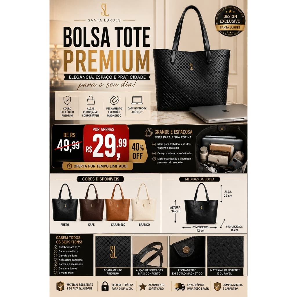 Bolsa Feminina Grande Tote Couro Ecológico Premium Cabe Notebook 15,6" Trabalho Faculdade Dia a Dia