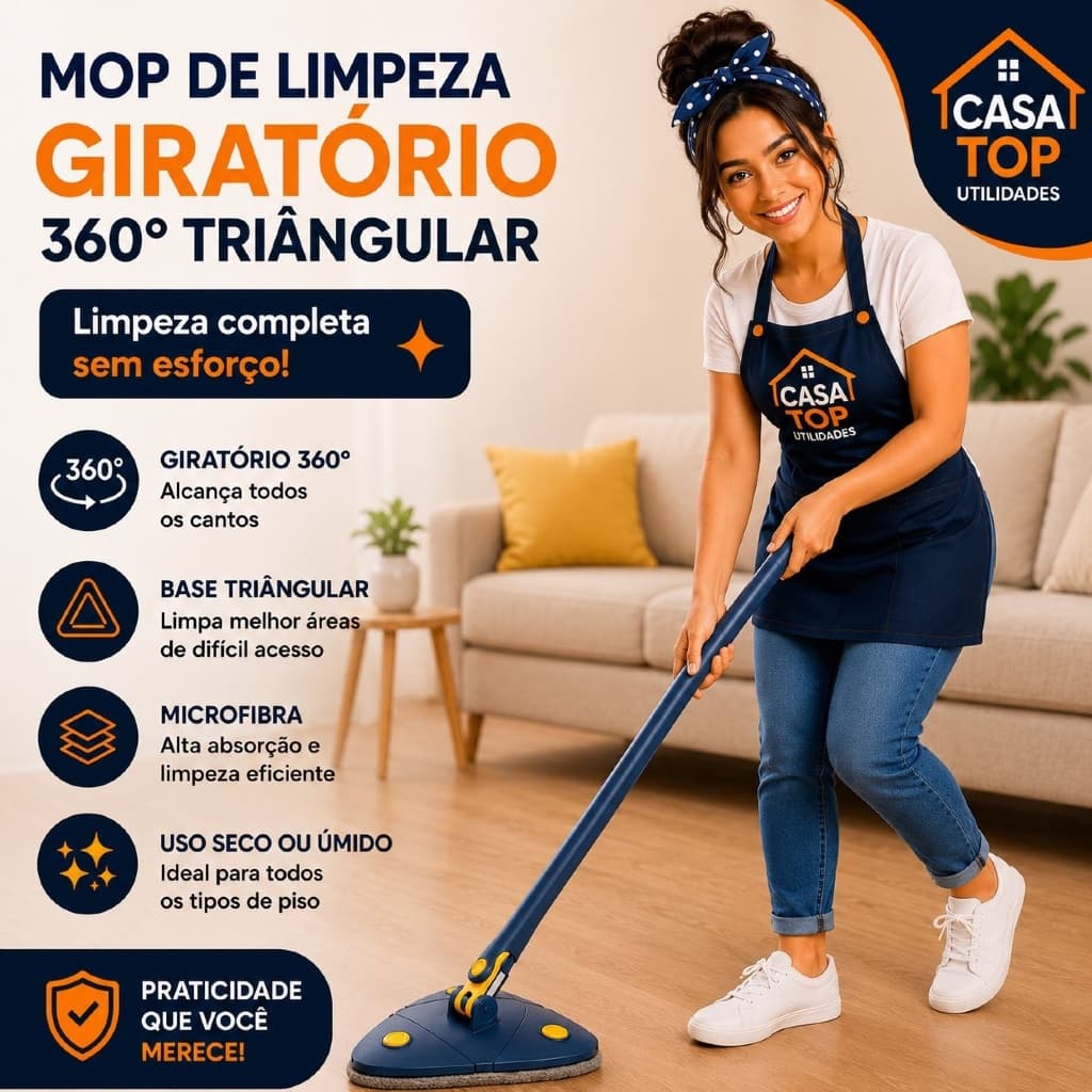 Mop Limpeza Giratório 360 Graus Triangular Super Absorvente Funcionalidade Fácil Uso