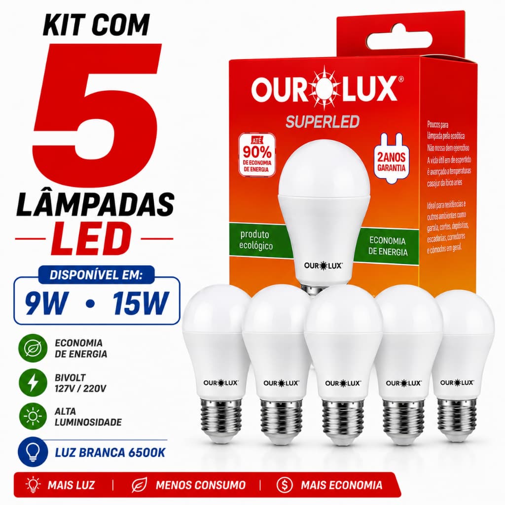 Kit 5 Lâmpadas Led 9w 12w 15w Bulbo Luz Branco Superled Ourolux