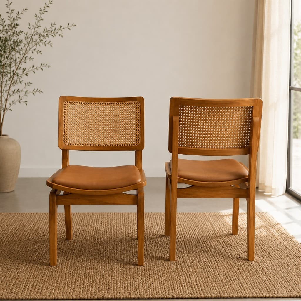 Kit 2 Cadeiras Em Madeira Maciça Resistente Estofado Courino Moderno Premium Encosto Tela Rattan