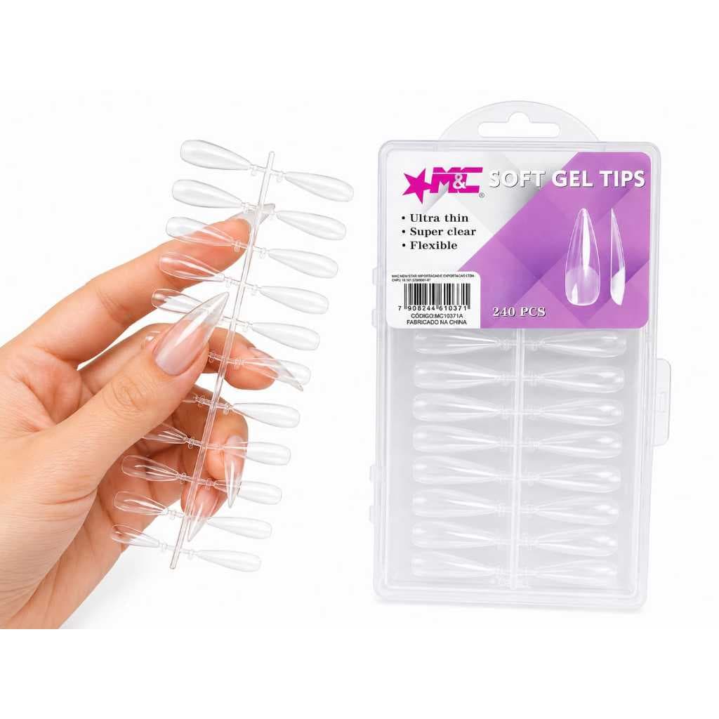 Kit 240 Unhas Postiças Soft Gel STILETTO Transparente Flexível M&C