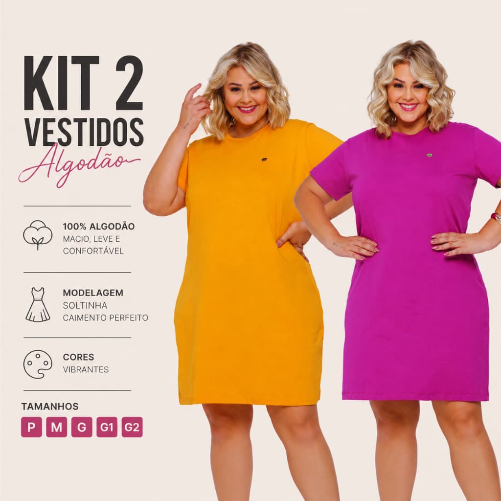 Kit 2 Vestido Feminino Moda Evangélica Vestido Básico Plus Size Camisetão Confortável Dia a Dia
