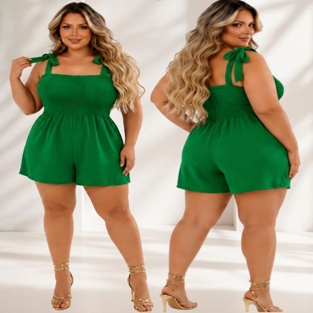 Macaquinho Plus Size Alça de Amarrar Busto Lastex Franzido Soltinho Moderno Casual Chic Elegante Sofisticado.
