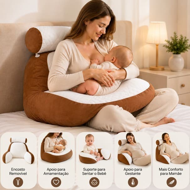 Almofada de Amamentação Multiuso Ergonômica com Encosto Removível para Bebê e Mamãe