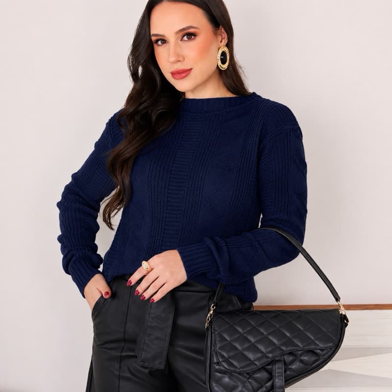 Blusa Feminina Tricot Fang Texturizada Gola Redonda Manga Longa Outono Inverno Tricô Blusa Quente