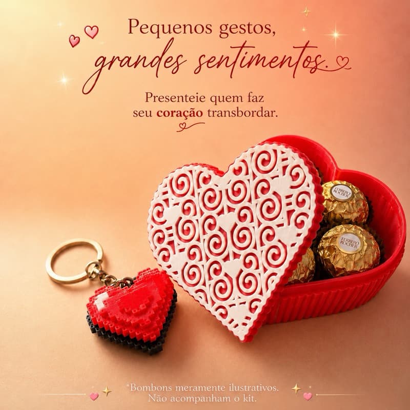 Presente Namorados - Kit Caixa Presente Coração Porta Joias ou Bombons + Chaveiro Pixel Art | Porta Objetos Decorativo