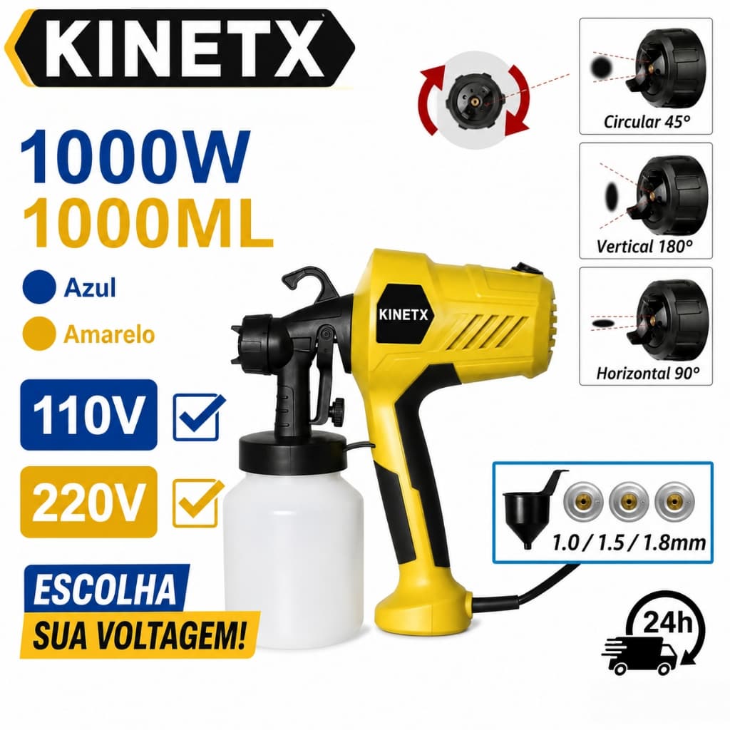 Kit 1000W 1L Pistola Elétrica Para Pintura KINETX Pulverizadora 4 Bicos de Metal 110V/220V