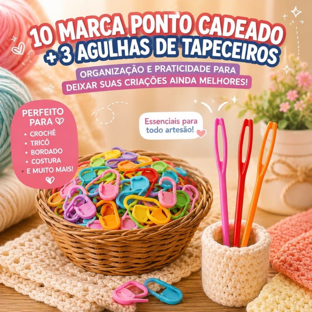 Kit 10 Marca Ponto Cadeado + 3 Agulhas de Tapeceiro Coloridas para Crochê, Tricô, Bordado e Artesanato