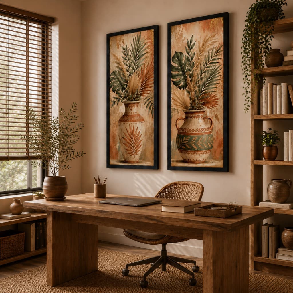 Quadros Decorativos Boho Folhagens Tropicais Premium com Vasos Elegantes – Kit 2 Peças Minimalista