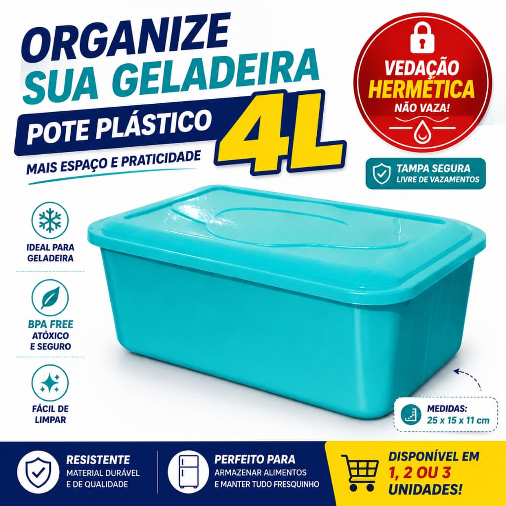 Pote Plástico 4 Litros Com Tampa Para Arroz Feijão Açúcar Mantimentos Transparente