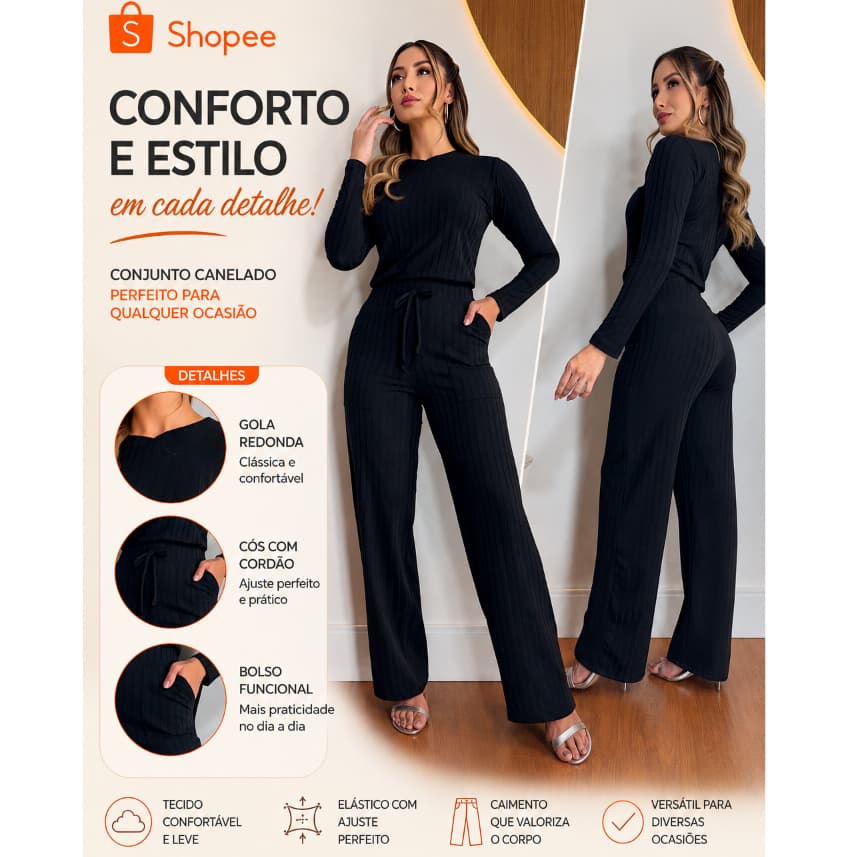 Conjunto Feminino Calça e Blusa De Manga Cumprida na Malha Com Elastano Confortavel