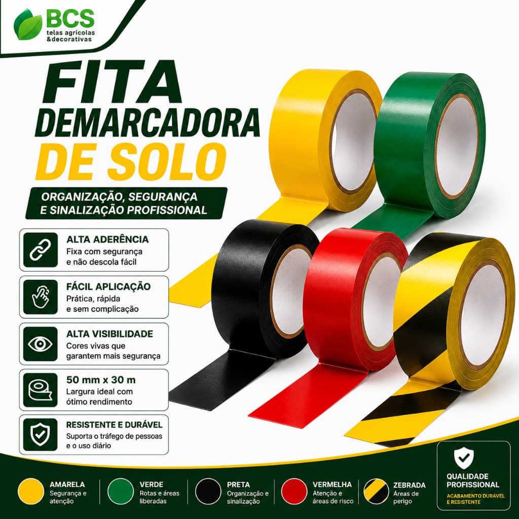 Fita Adesiva Para Demarcação De Solo 50M X30  Segurança Sinalização Cor Verde/ Amarela/Preta/ Zebrada
