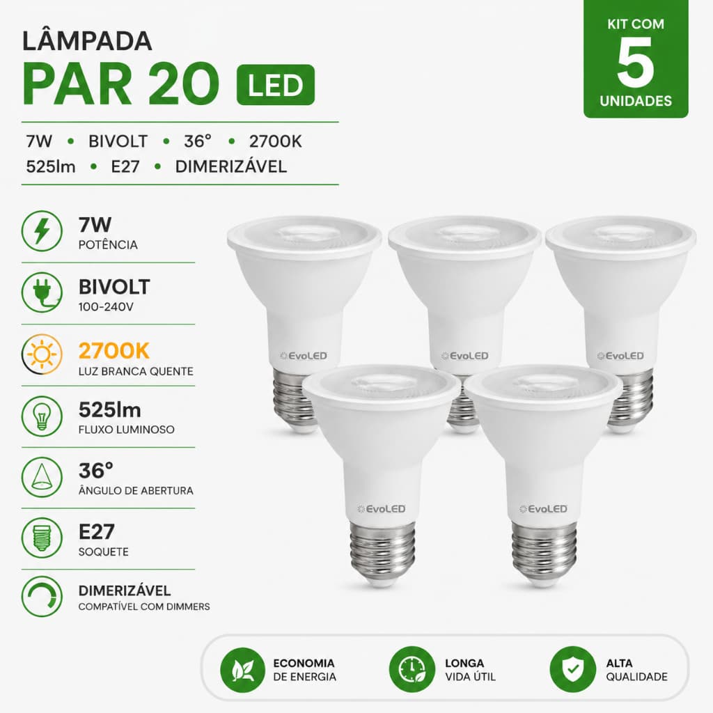Kit 5/10 ou 20 Lâmpadas PAR 20 LED 7W Bivolt 36° 2700K - 525lm -E27- Dimerizavel EVOLED
