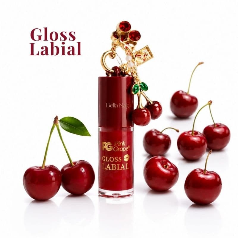 Gloss Labial Cereja com Chaveiro Decorativo Feminino chaveiro fofo gloss cereja frutinha  brilho labial vermelho