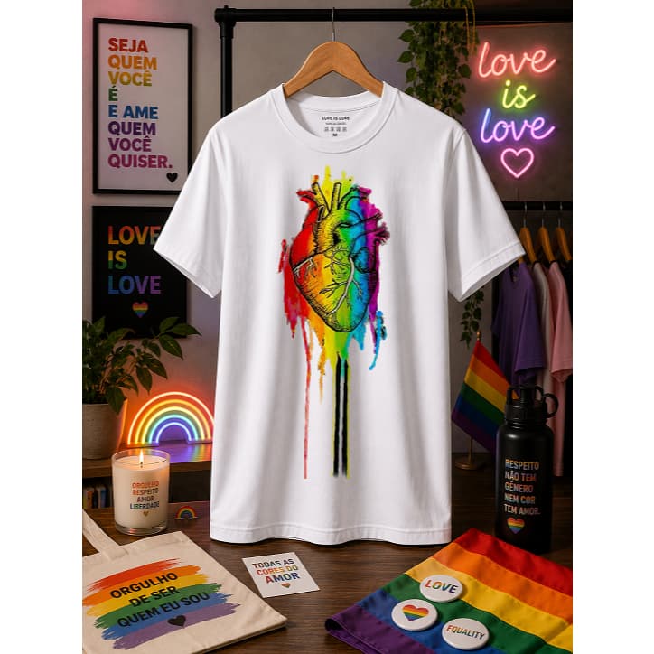 Camiseta LGBTQIA+ Estampada Orgulho, Diversidade, Amor, Respeito E Inclusão - Manga Curta