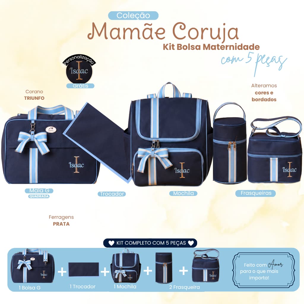 Kit Maternidade com 5 Peças Personalizado menino | Coleção Mamãe Coruja