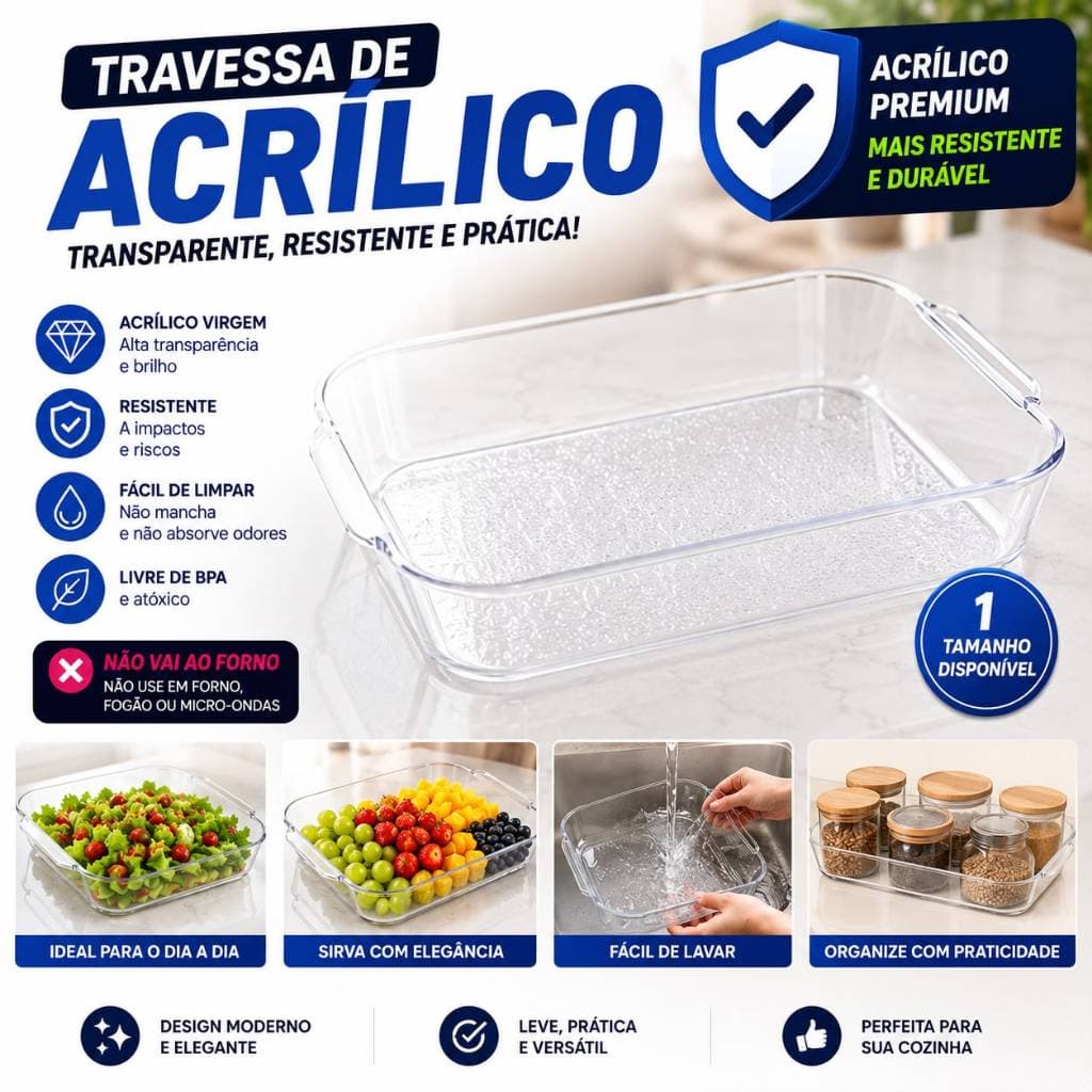 Travessa de Acrílico Transparente Reforçada | Bandeja Multiuso Elegante Cozinha Festa Sobremesa