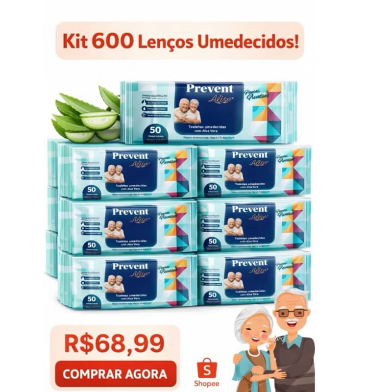 600 lenços Umedecido com até 12 pacotes Geriátrica Prevent (50un cada)