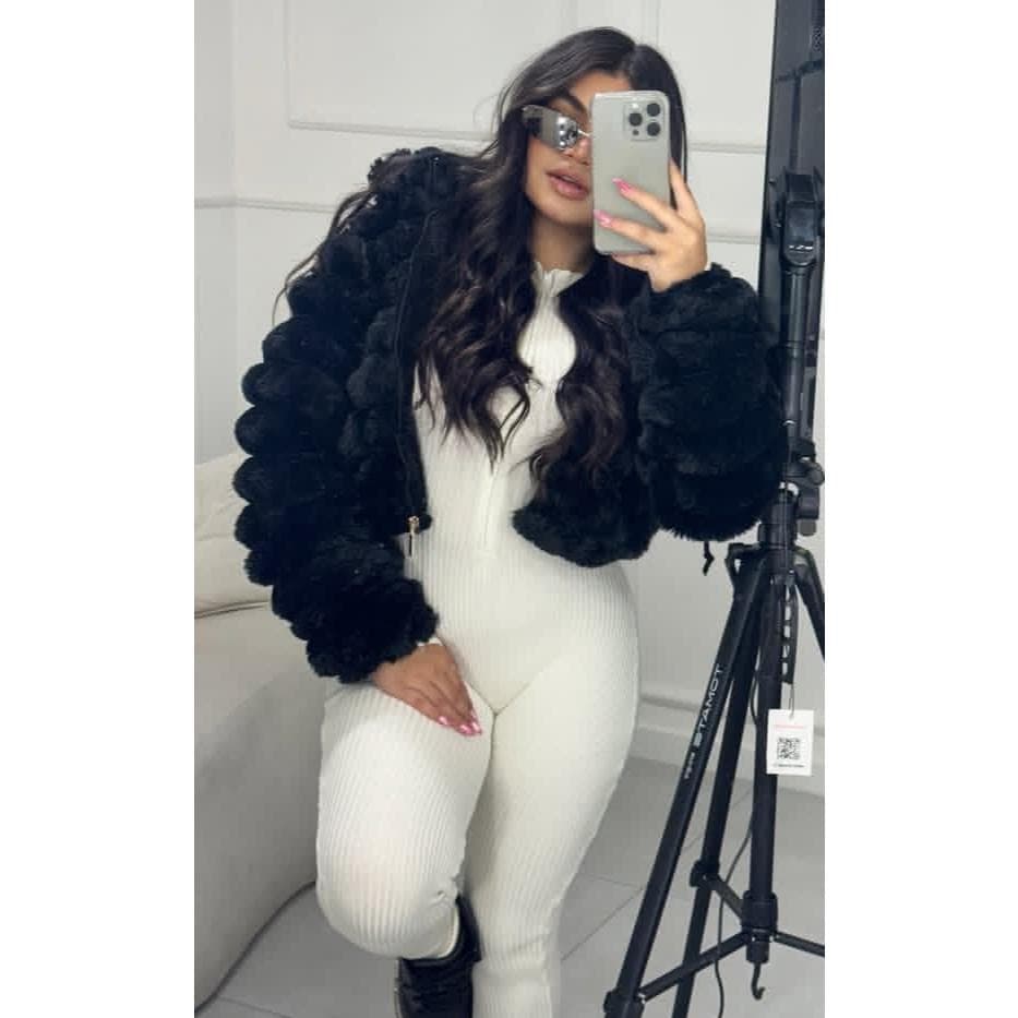 Jaqueta de Pelo Feminina Luxuosa com Zíper Elegante para Inverno