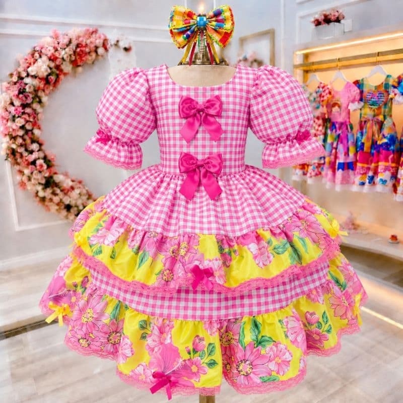 Vestido Festa Junina Infantil Luxo Menina Caipira Xadrez Floral Rodado São João Arraial Fantasia Junina