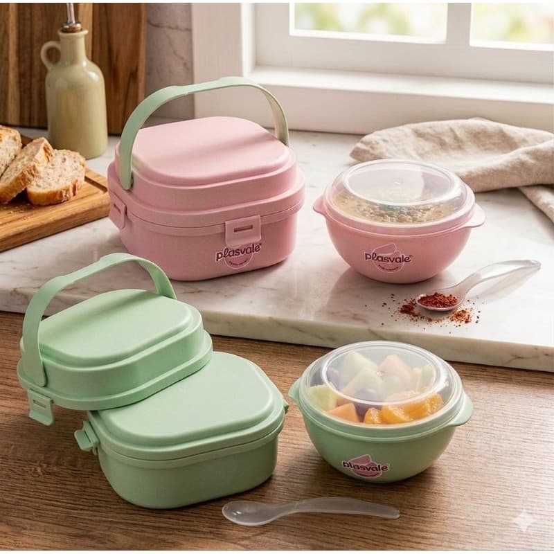 Kit Marmita com Divisória trava e Alça + Pote tigela com tampa Hermética Verde ou Rosa Plasvale