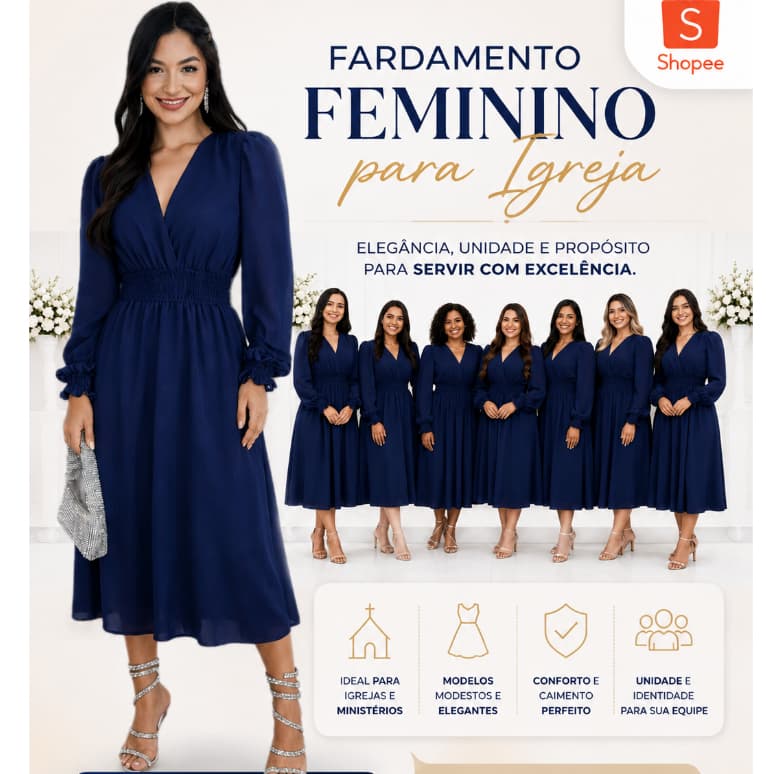 Vestido Feminino Azul Fardamento para Igreja Moda Evangelica mid manga longa
