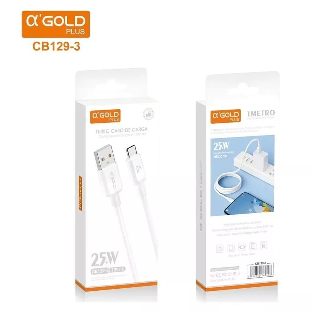 Cabo 25w Turbo CB129-3 e 148-3 Tipo-C Carga Rápida 1 metro compatível com Android/ios
